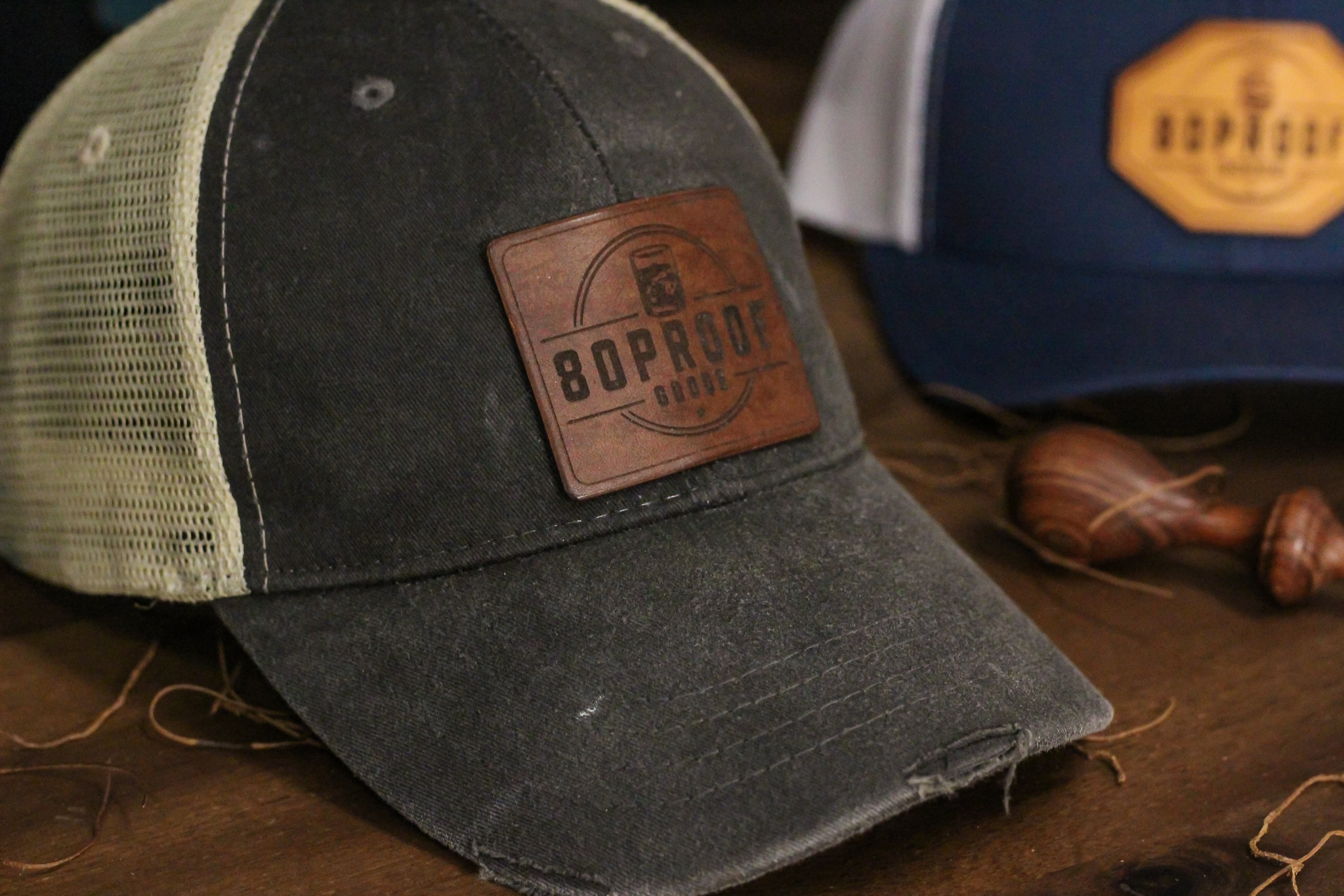 Custom Leather Patch Hat - Navy Blue/White